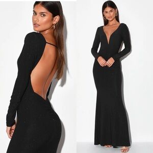 NWT Lulu’s Glamorous in Glitter Black Long Sleeve Backless Maxi Dress Small Chic